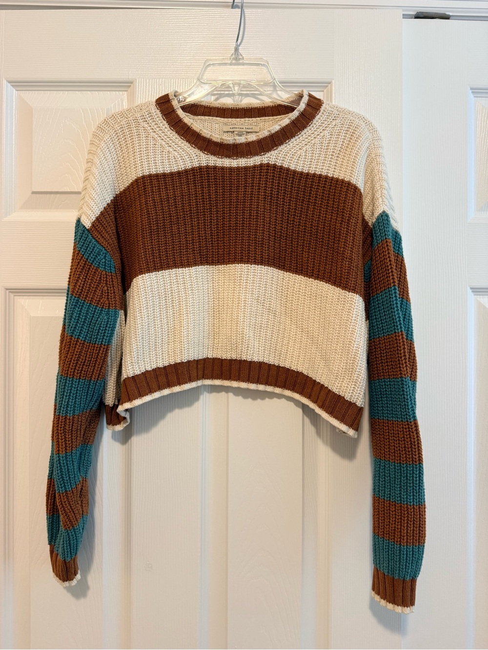 Striped Cropped Knit Sweater in Brown, Cream & Teal